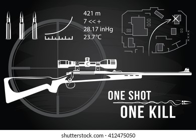 Set of firearms sniper rifles, tactical map, bullet flying