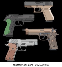 Set of firearms vector style, Shooting gun, Weapon illustration, Vector Line, Gun illustration, Modern Gun, Military concept, Pistol for training
