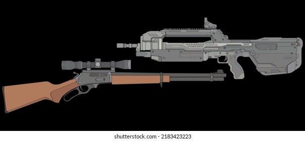 Juego de armas de fuego estilo vectorial, arma de tiro, ilustración de arma, línea vectorial, ilustración de arma, arma moderna, concepto militar, Pistol para entrenamiento
