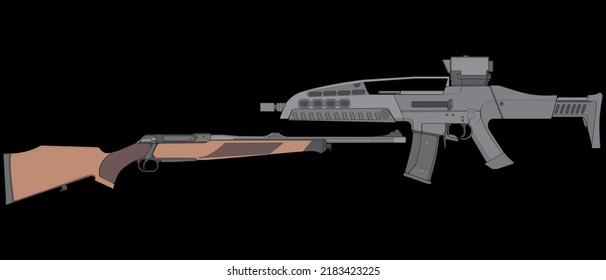 Satz von Feuerwaffen, Vektorgrafik-Stil, Schusswaffengewehr, Vektorgrafik, Vektorgrafik, Schaukelgrafik, Moderne Waffe, Militärkonzept, Pistole für die Ausbildung
