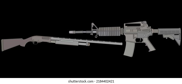 Juego de armas de fuego estilo vectorial, arma de tiro, ilustración de arma, línea vectorial, ilustración de arma, arma moderna, concepto militar, Pistol para entrenamiento
