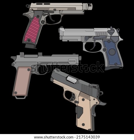 Set of firearms vector style, Shooting gun, Weapon illustration, Vector Line, Gun illustration, Modern Gun, Military concept, Pistol for training
