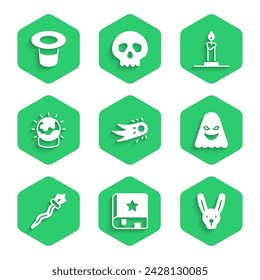 Set Fireball, Ancient magic book, Rabbit with ears, Ghost, Magic staff, Burning candle in candlestick and hat icon. Vector