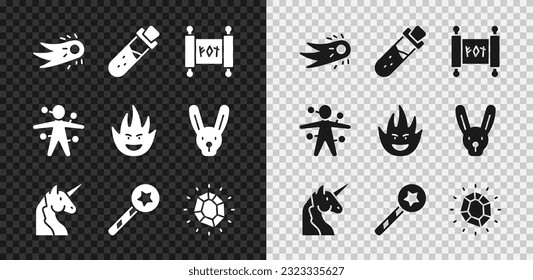 Set Fireball, Bottle with potion, Magic scroll, Unicorn, wand, stone, Voodoo doll and flame icon. Vector