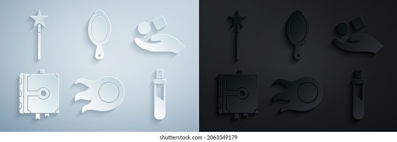 Set Fireball, Cube levitating above hand, Ancient magic book, Bottle with love potion, Magic mirror and wand icon. Vector