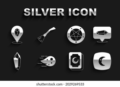 Setzen Sie Fireball, Magic Stein, Mond und Sterne, Tarot Karten, Pentagram im Kreis, und Hexen Besen Symbol. Vektorgrafik