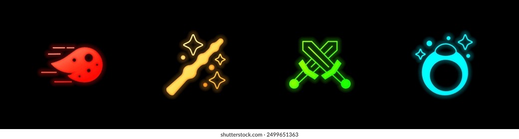 Set Fireball, Magic wand, Crossed medieval sword and stone ring icon. Vector