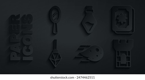 Set Fireball, Tarot cards, Magic stone, Castle tower, Bottle with potion and hand mirror icon. Vector