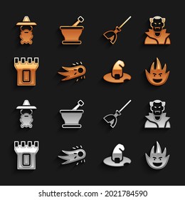 Set Fireball, Vampire, flame, Witch hat, Castle tower, Witches broom, Wizard warlock and Mortar and pestle icon. Vector