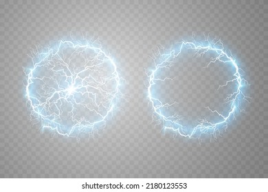 Set of fireballs on a transparent light blue background. Vector illustration, abstract electric lightning. Light flash, thunder, spark.
