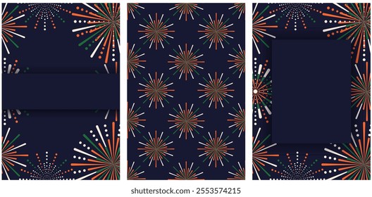 Set Firecracker poster cover template design with copy space. Indian Diwali festive greeting card collection with Firework explosion. Vector illustration. EPS 10