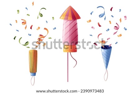 Set of firecrackers with confetti and fireworks on an isolated background. Party popper. Birthday party decoration. Element for decoration and design of cards