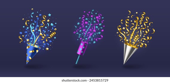 Conjunto de petardos con confeti aislado en el fondo. Ilustración realista de Vector de poppers 3d con corazones de color y serpentinas volando en el aire, elemento de diseño de fiesta de celebración, explosión de brillo