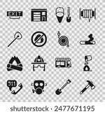 Set Firefighter axe, Bucket extinguishing fire, Cigarette, shovel and bucket, No, Burning match with, exit and hose reel icon. Vector