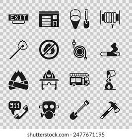 Set Firefighter axe, Bucket extinguishing fire, Cigarette, shovel and bucket, No, Burning match with, exit and hose reel icon. Vector