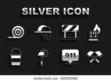 Set Firefighter axe, in burning building, Emergency call 911, bucket, Road barrier, hose reel and helmet icon. Vector