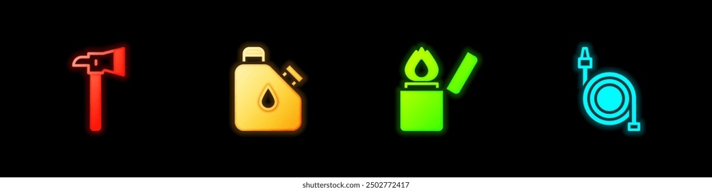 Set Firefighter axe, Canister fuel, Lighter and hose reel icon. Vector