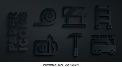 Set Firefighter axe, escape, Electric wiring of socket in fire, truck, Road barrier and hose reel icon. Vector