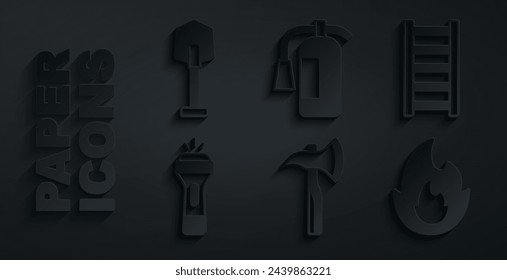 Set Bombero hacha, escape, linterna, llama, extintor e icono de pala. Vector