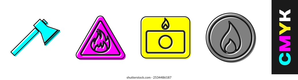 Set Firefighter axe, Fire flame in triangle, Fire alarm system and Fire flame icon. Vector