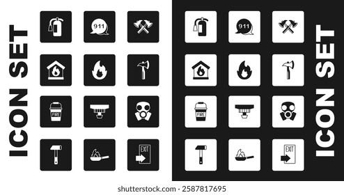 Set Firefighter axe, flame, in burning house, extinguisher, Emergency call 911, Gas mask and bucket icon. Vector