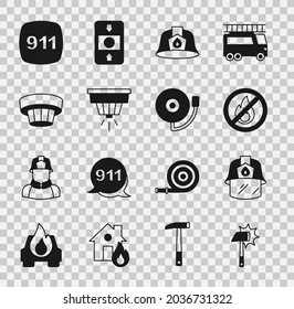 Set Firefighter axe, helmet, No fire, Smoke alarm system, Emergency call 911 and Ringing bell icon. Vector