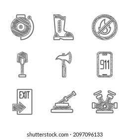 Set Firefighter axe, hose reel, hydrant, Mobile emergency call 911, exit, shovel, No fire and Ringing alarm bell icon. Vector