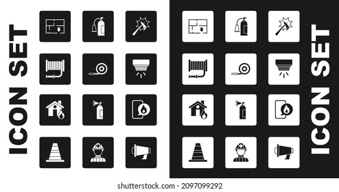 Set Firefighter axe, hose reel, Evacuation plan, Smoke alarm system, extinguisher, Phone with emergency call 911 and burning house icon. Vector