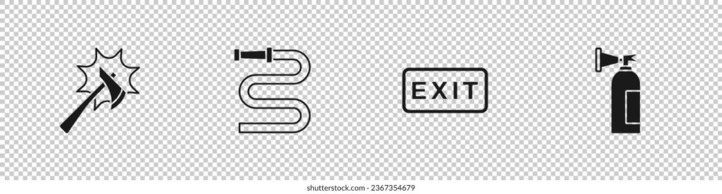 Set Firefighter axe, hose reel, exit and extinguisher icon. Vector