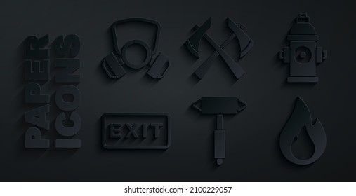 Setzen Sie das Symbol für Feuerwehraxt, Hydrant, Ausgang, Flamme und Gasmaske ein. Vektorgrafik