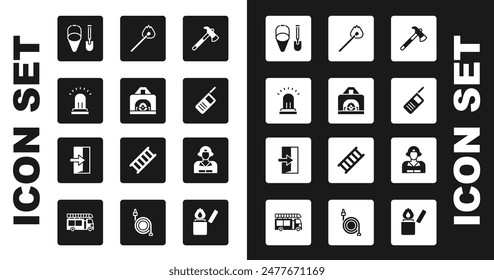 Set Firefighter axe, Interior fireplace, Ringing alarm bell, shovel and bucket, Walkie talkie, Burning match with,  and exit icon. Vector