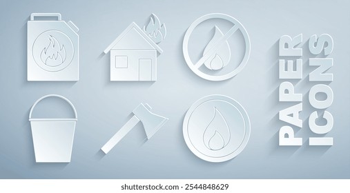 Set Firefighter axe, No fire, bucket, flame, in burning house and Canister for flammable liquids icon. Vector