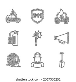 Set Firefighter axe, shovel, Megaphone, Emergency call 911, extinguisher, Burning car and  icon. Vector