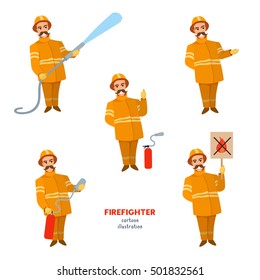 Set of firefighter cartoon men with fire extinguisher, fire hose, fire fighting poster. Vector illustration isolated from white background.