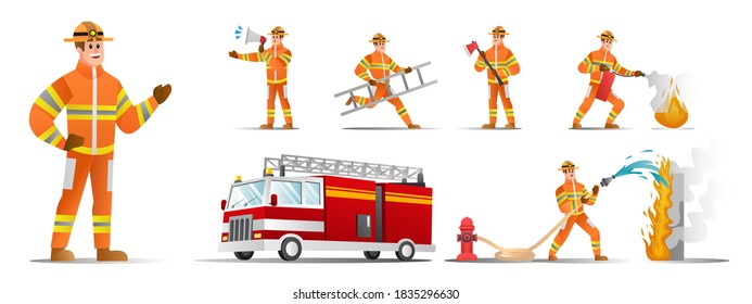 Set of Firefighter characters with different poses vector cartoon