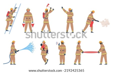 Set of Firefighter characters. Firefighters in uniforms put out fires with various equipment, hose or fire extinguisher. Evacuation and rescue of children from flame. Cartoon flat vector collection