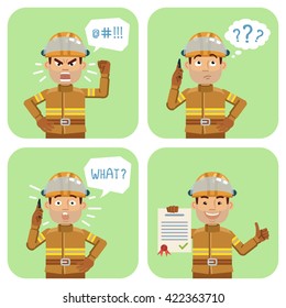 Set of firefighter characters posing in different situations. Cheerful fireman talking on the phone, thinking, surprised, angry, holding document, paper, contract. Flat style vector illustration