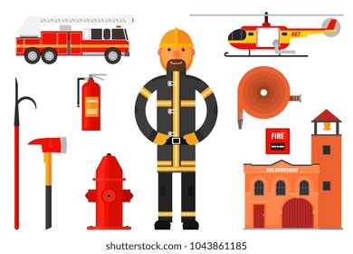 Set of firefighter elements. Fireman in uniform, helicopter, fire engine, extinguisher, axe, hook, hose, fire department, alarm and hydrant. Colorful flat vector icons