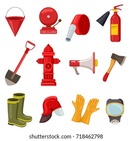 Set of firefighter elements on white background. Isolated vector illustration of various clothing items, equipment and gear used while combating fire