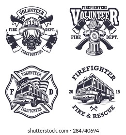 Set of firefighter emblems, labels, badges and logos on light background. Monochrome style.