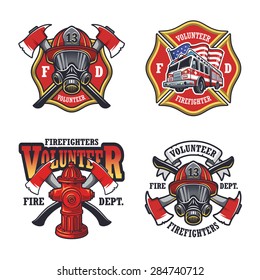 Set of firefighter emblems, labels, badges and logos on light background.