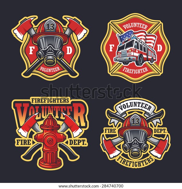 Set of firefighter emblems, labels, badges\
and logos on dark\
background.