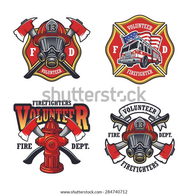 明るい背景に消防士のエンブル ラベル バッジ ロゴのセット のベクター画像素材 ロイヤリティフリー