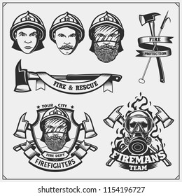 Set of firefighter emblems, labels and design elements. Vector monochrome illustration.