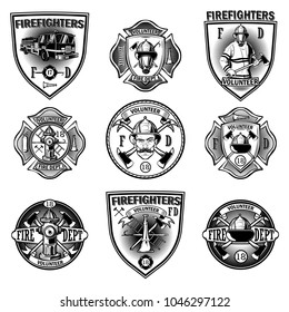 Set of firefighter emblems on white background. Monochrome black and white style. Can use for labels, badges,  sticker and logos