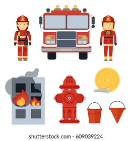 Set of firefighter equipment and clothing, tools, accessories. Flat vector cartoon illustration. Objects isolated on a white background.