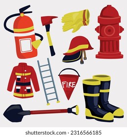 Set Set von Feuerwehrausrüstung, handgezeichnet Illustration