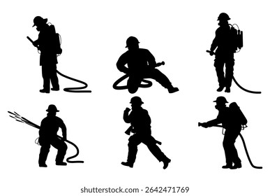 Set of firefighter with equipment silhouette
