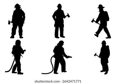 Set of firefighter with equipment silhouette