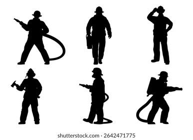 Set of firefighter with equipment silhouette